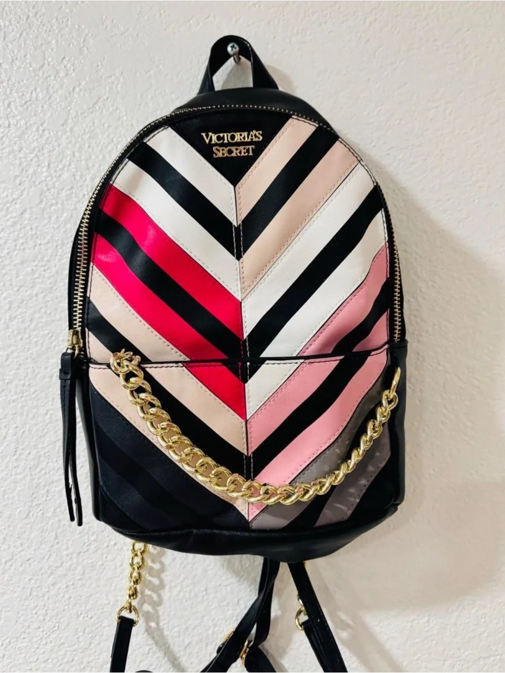 Victoria's Secret Chevron Mini Backpack - Black, Pink, Red & Cream